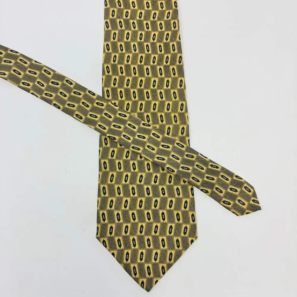 Oscar de la Renta Mens Silk Tie Gold Blue Geometric Squares Classic 3.75x59